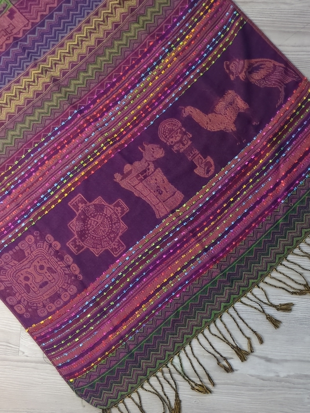 Boho Andean Pashmina Style Shawl Wrap Scarf Purple Fringe 27x70 Inca Southwester - Picture 2 of 14